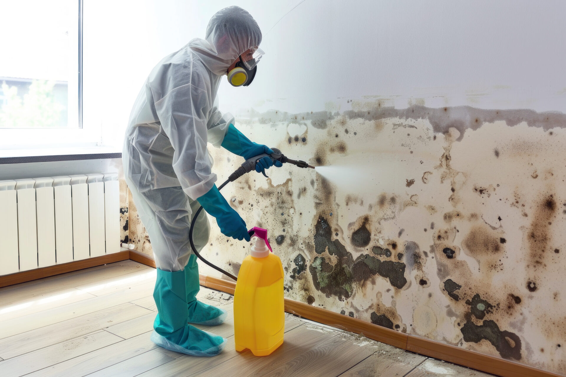 Technician removing mold-damaged material from damp Tampa laundry room wall
