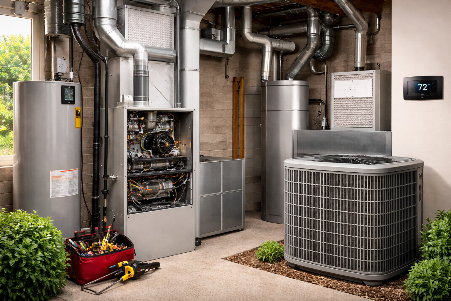 HVAC installer measuring airflow and checking system connections during equipment setup